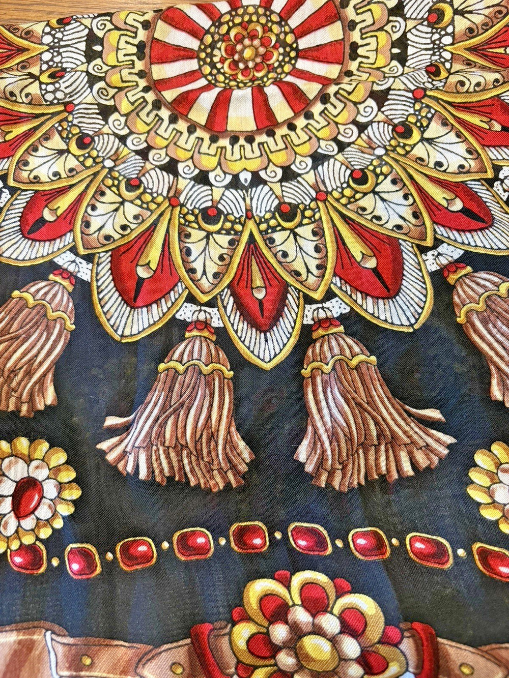Pure Silk Vintage 42" Square Scarf Blue Red Gold Etruscan Complex Design Tassels